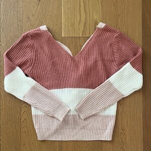 Colorblock V-Neck Sweater - Pink and Cream